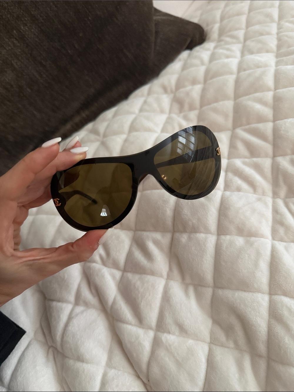 CHANEL Oversized Shield Sunglasses in Dark Brown and Olive - Picture 8 of 13
